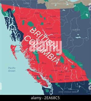 British Columbia Province Vektor editierbare Karte von Kanada mit Hauptstadt, Landesgrenzen, Städten und Städten, Flüssen und Seen. Vector EPS-10-Datei Stock Vektor