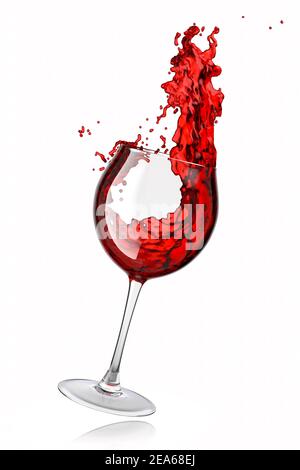Glas mit Rotwein und Flüssigkeitsspritzen isoliert auf weißem Hintergrund. Stockfoto