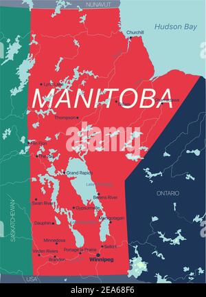 Manitoba Provinzvektor editierbare Karte von Kanada mit Hauptstadt, Landesgrenzen, Städten und Städten, Flüssen und Seen. Vector EPS-10-Datei Stock Vektor