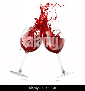 Paar Gläser mit Rotwein und Spritzer Flüssigkeit isoliert auf weiß. Stockfoto