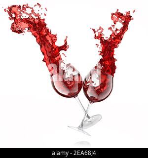 Paar Gläser mit Rotwein und Spritzer Flüssigkeit isoliert auf weiß. Stockfoto