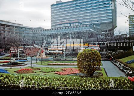 Ein Blick über Piccadilly Gardens, Manchester, Lancashire, England, Großbritannien im Frühjahr 1977. Die städtischen Gärten umfassen Beete von blühenden Birnen und ein großes Modell einer Windmühle. Auf der Rückseite befindet sich Piccadilly Plaza. Im höheren Gebäude befindet sich das Mercure Hotel. Das Gebiet wurde 2002 vom japanischen Architekten Tadao Ando mit einem Wasserspiel und einem Betonpavillon umgestaltet. Stockfoto