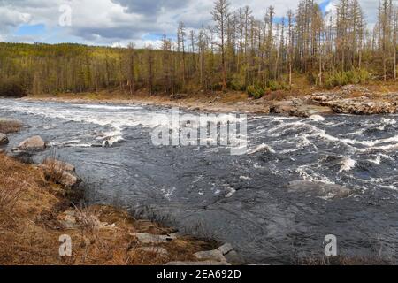 Bergfluss Gorbylach in Südjakutien, Russland, im Frühling. Stockfoto