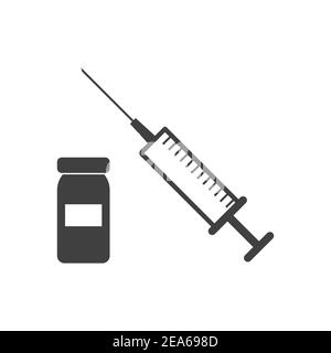 vektor-Symbol für medizinische Spritze und Fläschchen isoliert auf weißem Hintergrund. Impfung Stock Vektor