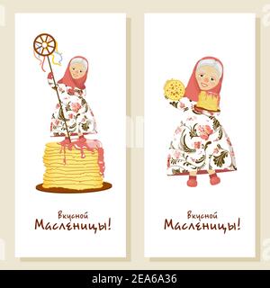 Faschingsfigur. Set von Karten für Karneval. Modernes Banner für russische Volksferien. Maslenitsa ist ein Frühlingsfest. Pfannkuchen Woche. Trendvektor i Stock Vektor