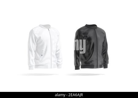 Blank schwarz und weiß Bomberjacke Mock up, Seitenansicht, 3D Rendering. Leerer Mantel Windbrecher Coat Mockup, isoliert. Klarer, winddichter Pullover für den Militäreinsatz Stockfoto