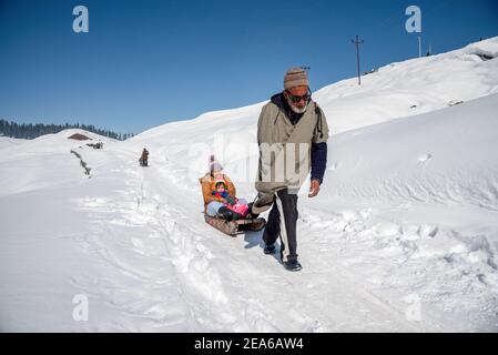 Ein Mann zieht einen Schlitten mit Touristen in berühmten Skigebiet in Gulmarg. Gulmarg ist eine Stadt, eine Bergstation, ein beliebtes Skiziel und ein mitteiltes Gebietskomitee im Baramulla Distrikt Jammu und Kaschmir. Die Stadt liegt in der Pir Panjal Range im westlichen Himalaya und liegt innerhalb der Grenzen des Gulmarg Wildlife Sanctuary. Stockfoto