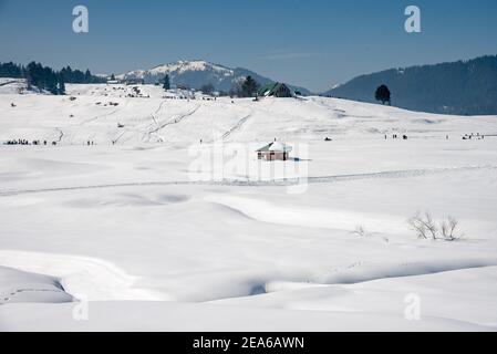 Ein Blick auf schneebedeckte Wiese an einem sonnigen Tag in Gulmarg. Gulmarg ist eine Stadt, eine Bergstation, ein beliebtes Skiziel und ein mitteiltes Gebietskomitee im Baramulla Distrikt Jammu und Kaschmir. Die Stadt liegt in der Pir Panjal Range im westlichen Himalaya und liegt innerhalb der Grenzen des Gulmarg Wildlife Sanctuary. Stockfoto