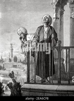 Muezzin Aufruf zum Gebet aus dem Minarett einer arabischen Moschee, Alte Ägypten Geschichte. Alte 19th Jahrhundert gravierte Illustration von El Mundo Ilustrado 1879 Stockfoto