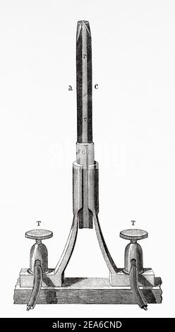 Jablochkoff elektrische Kerze. Paul Jablochkoff 1847-1914 russischer Telegrafeningenieur. Alte 19th Jahrhundert gravierte Illustration von El Mundo Ilustrado 1879 Stockfoto