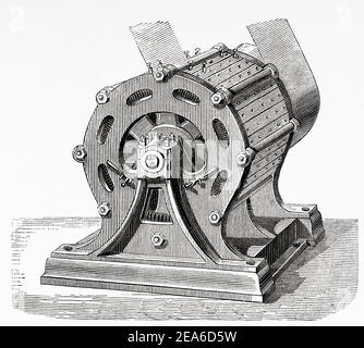 Wechselstrom-Gram-Maschine von Zénobe Théophile Gram (1826-1901) belgischer Elektroingenieur. Erfindungen des neunzehnten Jahrhunderts. Alte 19th Jahrhundert gravierte Illustration von El Mundo Ilustrado 1879 Stockfoto