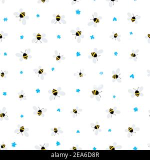 Nahtloses Muster mit Bienen und Blumen auf weißem Hintergrund. Liebenswert Cartoon Wespen Zeichen. Vorlage Design für Einladung, Karten, Textil, Stoff Stock Vektor