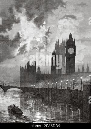 Houses of Parliament from the Thames by Moonlight, London. Vereinigtes Königreich, Europa. Alte 19th Jahrhundert gravierte Illustration von El Mundo Ilustrado 1879 Stockfoto