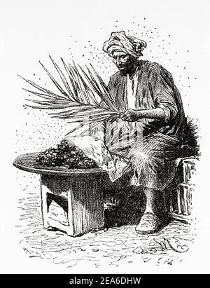 Arabischer Mann Verkäufer von Dattebrot. Alte Ägypten Geschichte. Alte 19th Jahrhundert gravierte Illustration von El Mundo Ilustrado 1879 Stockfoto