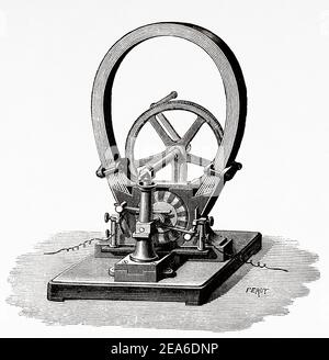 Gram-Magneto. Zenobe Grams kleiner Handdynamo für Laborarbeiten. Zenobe Gram (1826-1901) ein belgischer Elektroingenieur. Der Anker drehte sich zwischen den Polen eines permanenten Stahlmagneten. Erfindungen des neunzehnten Jahrhunderts. Alte 19th Jahrhundert gravierte Illustration von El Mundo Ilustrado 1879 Stockfoto