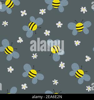Nahtloses Muster mit Bienen und Blumen auf grauem Hintergrund. Liebenswert Cartoon Wespen Zeichen. Vorlage Design für Einladung, Karten, Textil, Stoff Stock Vektor