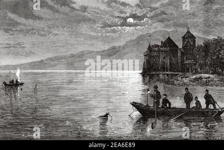Experimente zur Bestimmung der Schallgeschwindigkeit im Wasser im Jahr 1827 am Genfer See Leman. Schweiz, Europa. Alte 19th Jahrhundert gravierte Illustration von El Mundo Ilustrado 1879 Stockfoto