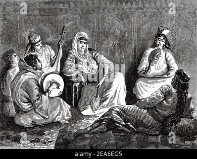 Frauen des Harems des Großwesirs von Marokko im Jahr 1879, Nordafrika. Alte 19th Jahrhundert gravierte Illustration von El Mundo Ilustrado 1879 Stockfoto