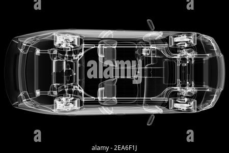 Röntgen von Elektroauto mit Chassis. 3D Abbildung Stockfoto