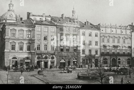 Retro-Foto von Lemberg, alte Stadthäuser auf dem Markt Stockfoto