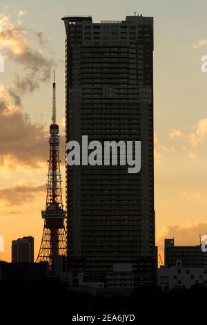 Tokyo Tower hinter einem Hochhaus in Tokio, Japan. Stockfoto