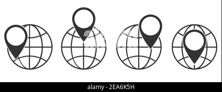 Symbol „Planet Erde“ mit Positionssymbol. Satz linearer Globussymbole. Vektorgrafik. Positionsstift mit Erdkugel-Symbol Stock Vektor