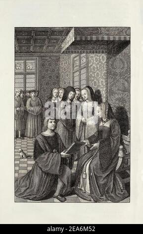 Jean Desmarets präsentiert ein Buch zu Queen Anne. Anne de Bretagne (Anne de Bretagne, Bretonisch: Anna Breizh) (1477-1514]) war Herzogin der Bretagne ab 148 Stockfoto