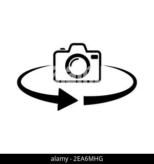 Drehungssymbol der Fotokamera. 360-Grad-Drehung. Schwarzes Kamerasymbol. Vektorgrafik. Stock Vektor