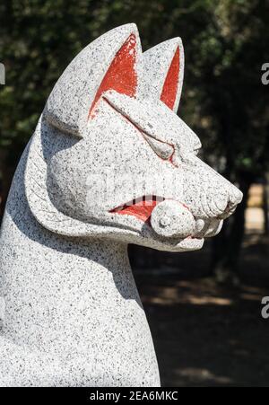 Eine Steinstatue von Inari Okami oder O-Inari, eine Gottheit oder japanischer Kami, dargestellt von einem Fuchs außerhalb eines Inari Shrine im Nara Park, Nara, Japan Stockfoto