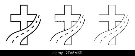 Christian Kreuz Symbol mit Straße Symbol. Vektorgrafik. Symbole für Reisekonzeptuelle festgelegt. Christian Kreuz Ikone in flachem linearem Design Stock Vektor