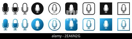 Mikrofonsymbole eingestellt. Mikrofonsymbole in flachem Design. Mikrofonschild isoliert. Vektorgrafik. Stock Vektor