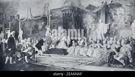 Gemälde von V.I. Jacobi "der erste Akt an der Kaiserlichen Akademie der Künste". In der Mitte - russische Kaiserin Katharina II., Zarevich Pavel (Paul) und die Hofgesellschaft. Stockfoto