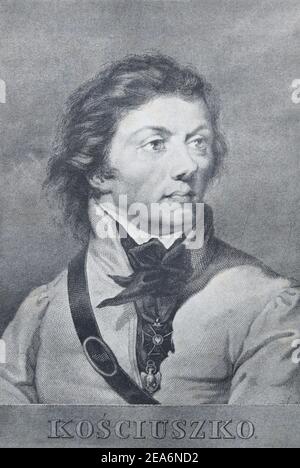 Andrzej Tadeusz Bonawentura Kościuszko (Tadeusz Kosciuszko). Gravur von 1829. Andrzej Tadeusz Bonawentura Kościuszko (Englisch: Andrew Thaddeus Bonaventure Kosciuszko; 4. Oder 12. Februar 1746 – 15. Oktober 1817) war ein polnisch-litauischer Militäringenieur, Staatsmann und Militärführer, der in Polen, Litauen, Weißrussland und den Vereinigten Staaten zum Nationalhelden wurde. Er kämpfte in den Kämpfen des polnisch-litauischen Commonwealth gegen Russland und Preußen und auf US-Seite im amerikanischen Revolutionskrieg. Stockfoto