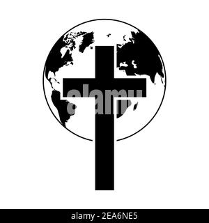 Christliches Kreuz mit Globenikone. Schwarzes Religionslogo. Vektorgrafik. Abstraktes christliches Logo Stock Vektor