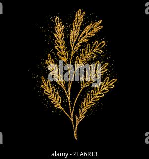 Handgezeichneter abstrakter goldener Zweig mit Glitzer-Effekt. Luxuriöse Vektorgrafik mit Blumenmuster. Dekorative Äste isoliert auf schwarzem Hintergrund. Herbst und Stock Vektor