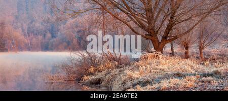 Sehr kalter, frostiger und nebliger Morgenaufgang in Flusslandschaft in frischen Pastellfarben. Ufer und Gras sind gefroren, Landschaft wird von der Sonne beleuchtet. Stockfoto