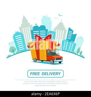 Kostenloses Lieferkonzept. Lieferwagen mit Geschenkbox, Paket. Lieferservice Versand mit Auto oder LKW. Flacher Design LKW auf Urban Landschaft Stock Vektor