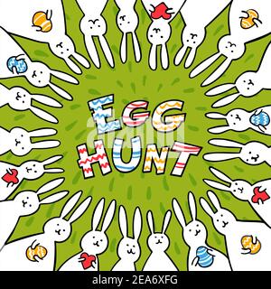 Lustige Hase Ostern Grußkarte mit weißen Osterkaninchen. Illustration von niedlichen Hasen mit ostereiern und Herzen und Happy Easter Text. Stock Vektor