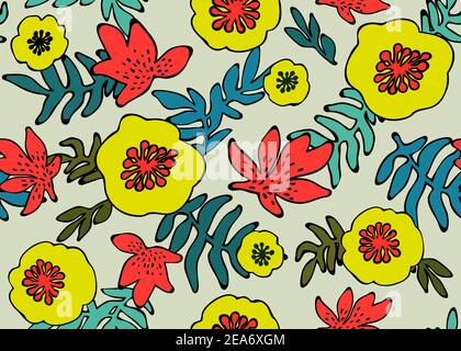 Nahtloses Tropenmuster. Tropische Pflanzen und Blumen in Korallen-, Teal- und Neongelb. Blumenhintergrund. Fashion Print für Textil, Stoff Stock Vektor