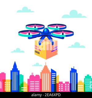 Drohne über Stadtlandschaft. Remote Air Drohne mit Paket über Silhouetten von Gebäuden mit Neonlicht und lebendigen Farben. Lieferung von Paketen durch Fliegen Stock Vektor