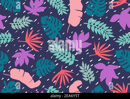 Nahtloses Tropenmuster. Tropische Pflanzen und Palmenblätter in Korallen, Blautönen und Blautönen. Blumenhintergrund. Fashion Print für Textil, Stoff Stock Vektor