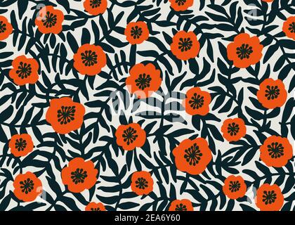 Nahtlose Blumenmuster. Retro-Stil Rote Mohnblumen-Muster mit Mohnblumen und dunkelgrünen Laub auf beige. Florale nahtlose Hintergrund für Textil Stock Vektor