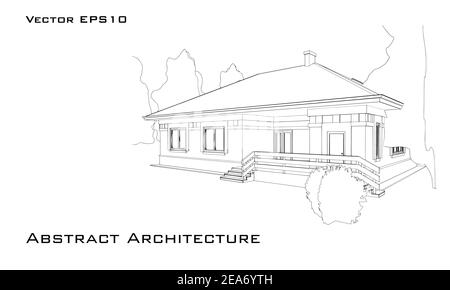 Architektonischer Hintergrund mit Skizze des Hauses. Perspektivischer Blick auf die Hütte. Schwarz-Weiß-Vektorgrafik. Stock Vektor