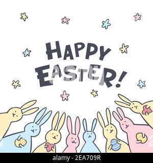 Lustige Hase Ostern Grußkarte mit weißen Osterkaninchen. Illustration von niedlichen Hasen mit ostereiern und Herzen und Happy Easter Text. Stock Vektor