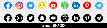 Symbole für soziale Medien. Schwarze farbige Icon Set Illustration. facebook twitter instagram, youtube, twitter, snapchat, pinterest, whatsap Symbol. Stock Vektor