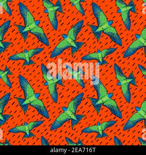 Vivid Birds Nahtloses Muster. Bunte Textur mit grünen Papageien auf orangefarbenem Hintergrund. Tropicbirds Hintergrund für Textil, Stoffbezüge Tapeten Stock Vektor