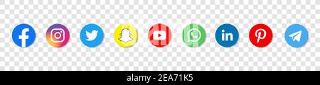 Symbole für soziale Medien. Schwarze farbige Icon Set Illustration. facebook twitter instagram, youtube, twitter, snapchat, pinterest, whatsap Symbol. Stock Vektor
