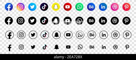 Symbole für soziale Medien. Schwarze farbige Icon Set Illustration. facebook twitter instagram, youtube, twitter, snapchat, pinterest, whatsap Symbol. Stock Vektor