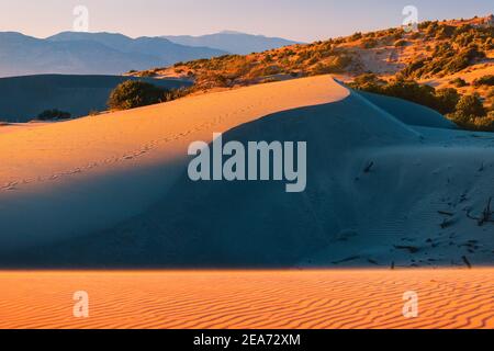 Majestätische Aussicht auf orangefarbene Sanddünen und Hügel leuchten in den Strahlen des warmen Sonnenuntergangs in einem tropischen Land. Büsche und ferne Berge im Hintergrund Stockfoto