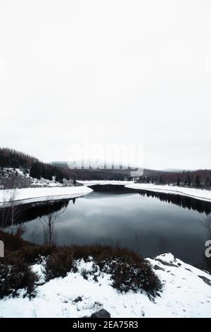 Schöne Aussicht auf einen See umgeben von Bäumen mit Schnee im Brocken Harz, Deutschland Stockfoto